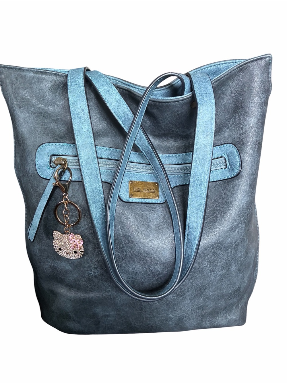 LIZ SOTO NWOT REVERSIBLE TOTE WITH CHARM SLATE AND LIGHT BLUE